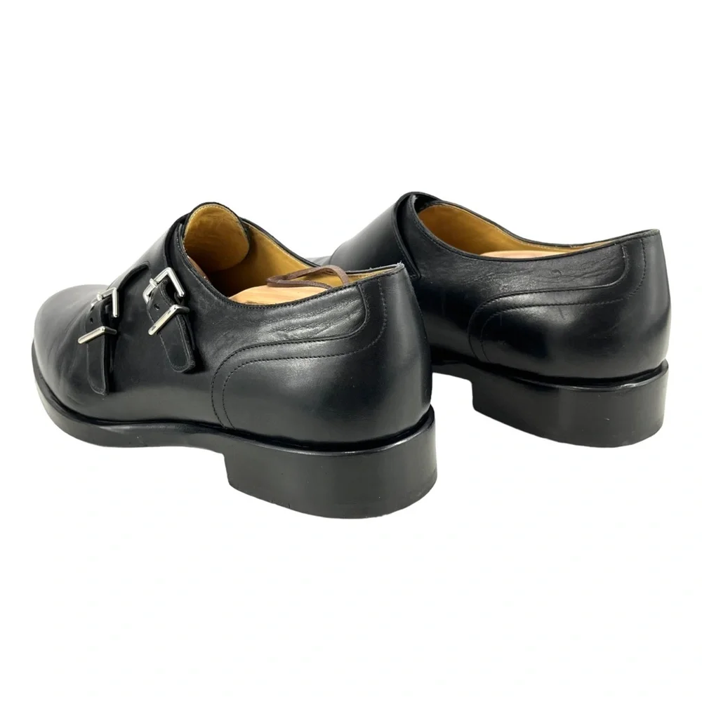 Hermès Men’s 42 Double Monk Strap Black Calfskin Dress Shoes Silver‎ Buckles